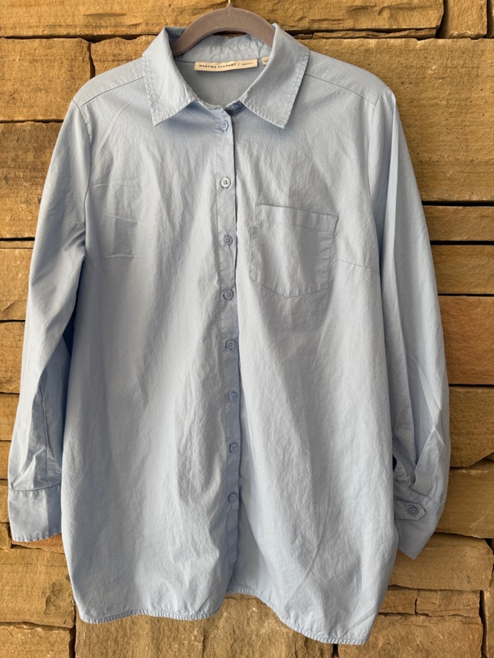 Martha Stewart Pale Blue Button-Up Smock Style Cotton Shirt